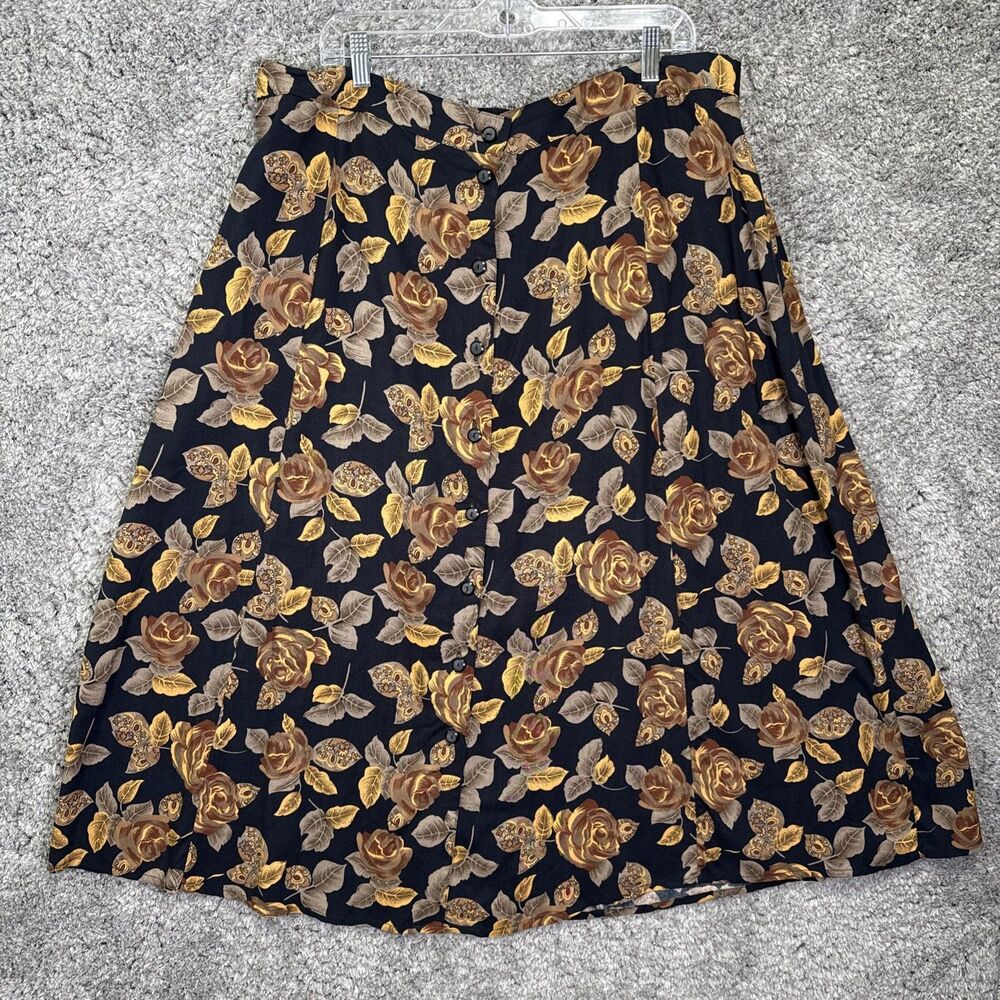 Vintage 90s Sag Harbor Floral Midi Skirt Button Front Size 2X Black Brown Boho